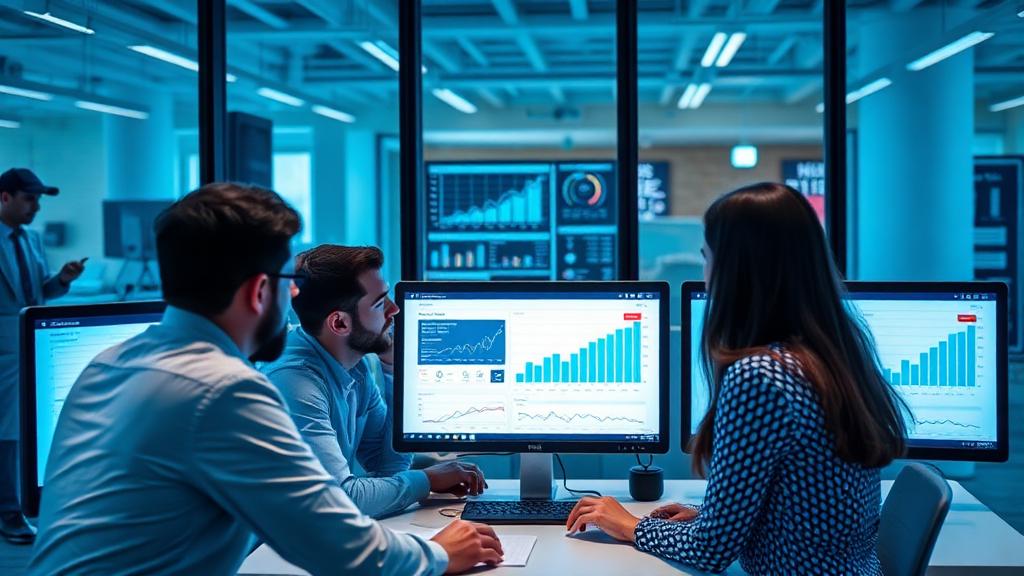 Equipe de aceleradora analisando dados de performance e resultados de e-commerce em dashboards