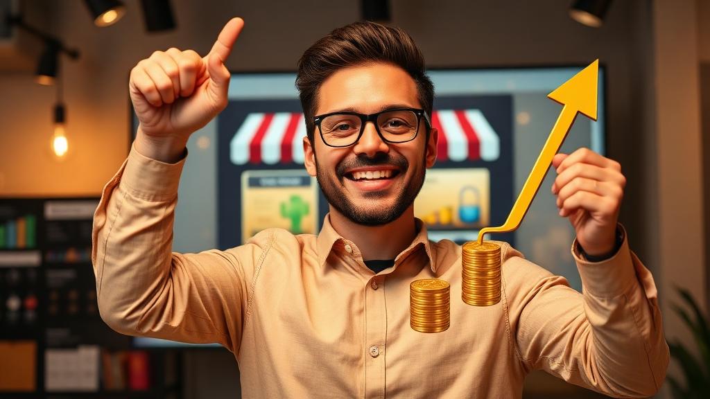 Empreendedor celebrando sucesso com nicho lucrativo de e-commerce mostrando crescimento financeiro