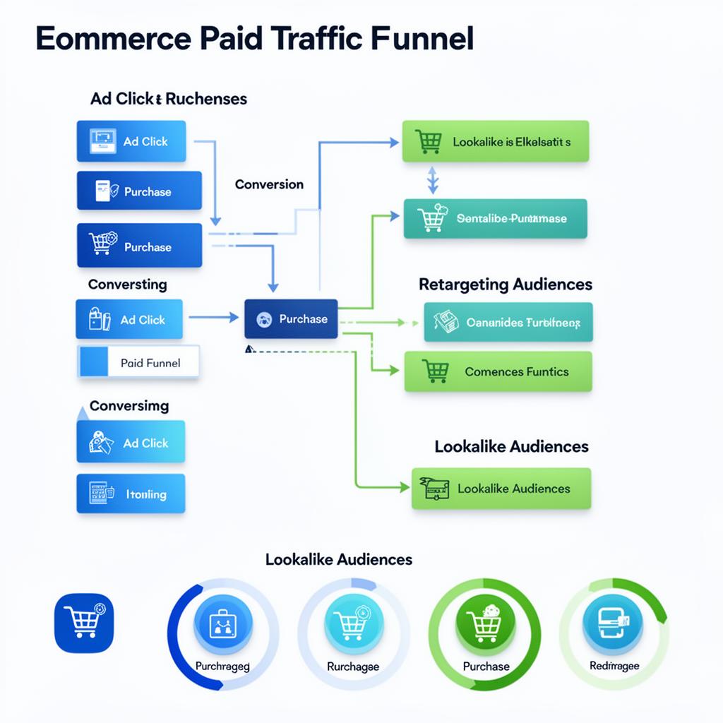 Funil de tráfego pago para e-commerce com etapas de conversão, retargeting e lookalike audiences