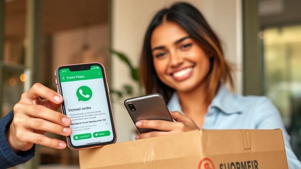 Cliente recebendo notificação de WhatsApp sobre pedido e promoções de e-commerce